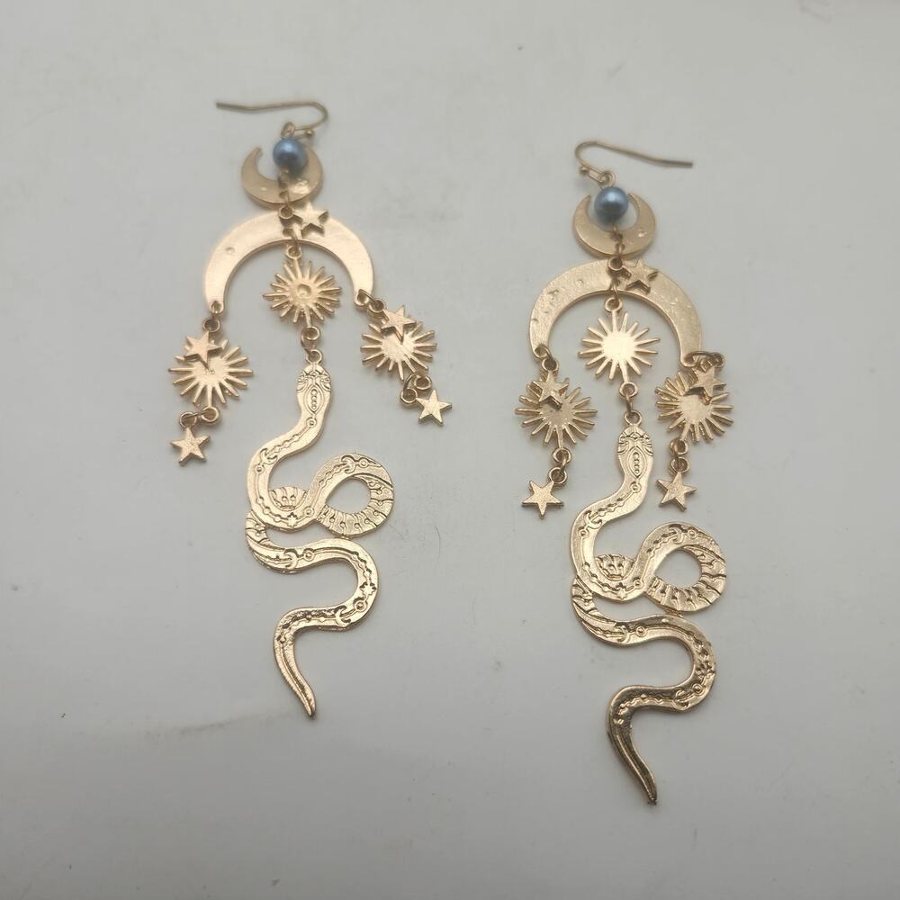 Celestial Snake Earrings Gold Tone Moon Sun Stars Blue Bead Long Dangle Hook